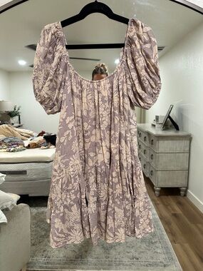 By Together Lavender and Cream Floral Puff-Sleeve Mini Dress